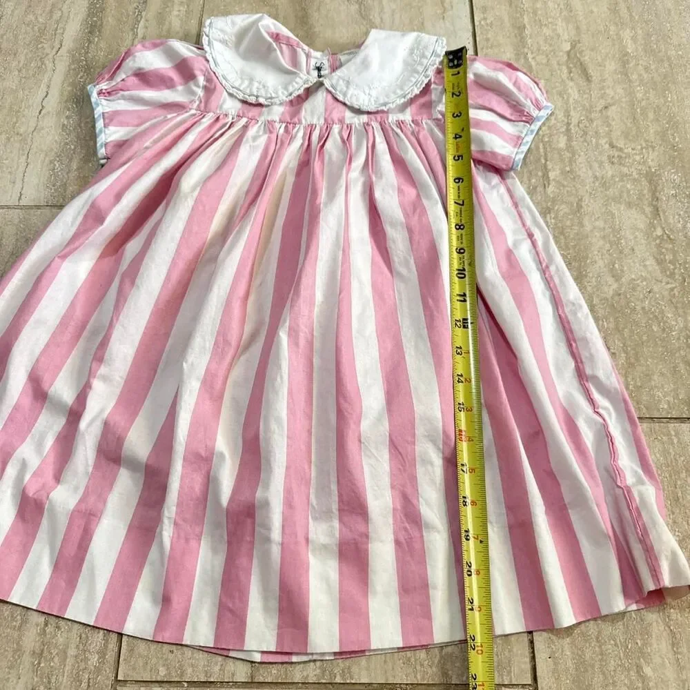 Vtg Strasburg Children Pink White Striped Dress 4T Peter Pan Collar Cottage